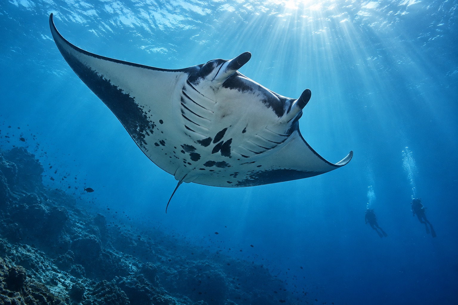 蓝色海水中舒展双翼的蝠鲼